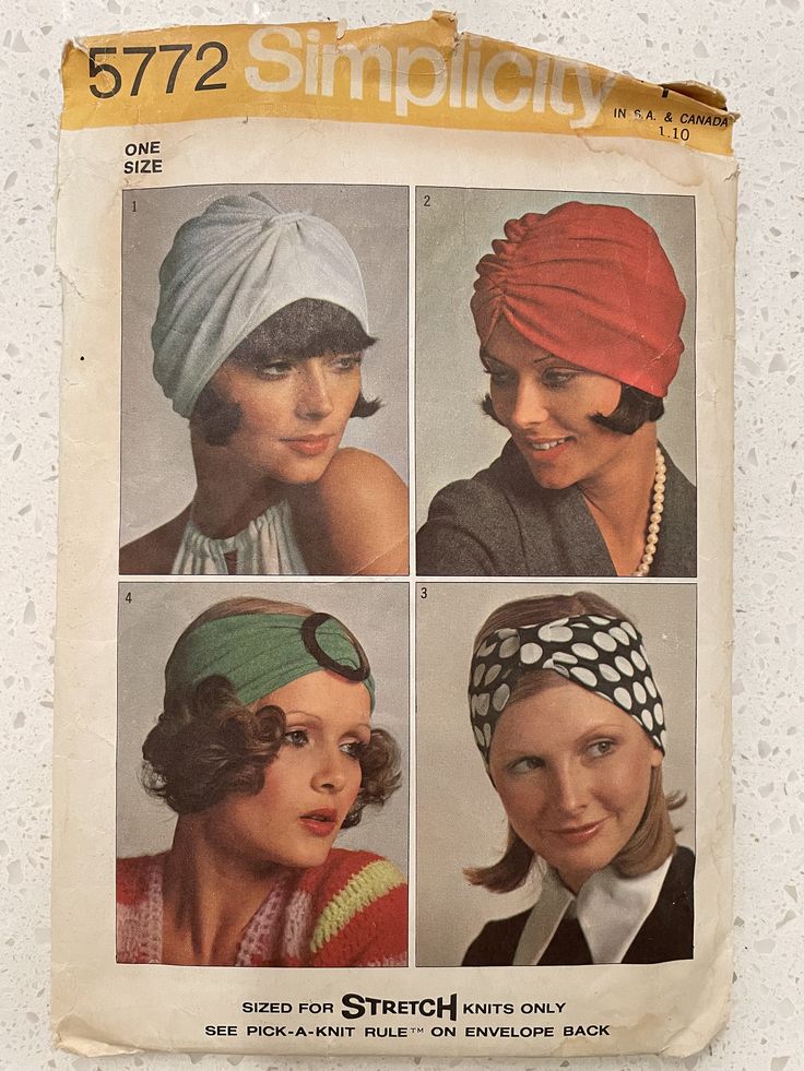 This is a Simplicity pattern for a Set of Turbans - One Size (Sized for Stretch Knits Only): Gathered turban V. 1 with band has self fabric knot slipped through openings. Gathered turban V. 2 has elastic in back. Half turban V. 3 is trimmed with knot. Half turban V. 4 is trimmed with a buckle. Pattern is CUT and complete  Loc VA  NOTE: We acquire our patterns from the used marketplace. Pattern pieces, instructions, and envelopes can be in a variety of conditions. We do our best to describe the c Chignon Bun, Crafts Sewing Patterns, Vintage 1973, Hair Turban, Chemo Hat, Turban Style, Hair Wraps, Turban Headbands, Simplicity Patterns