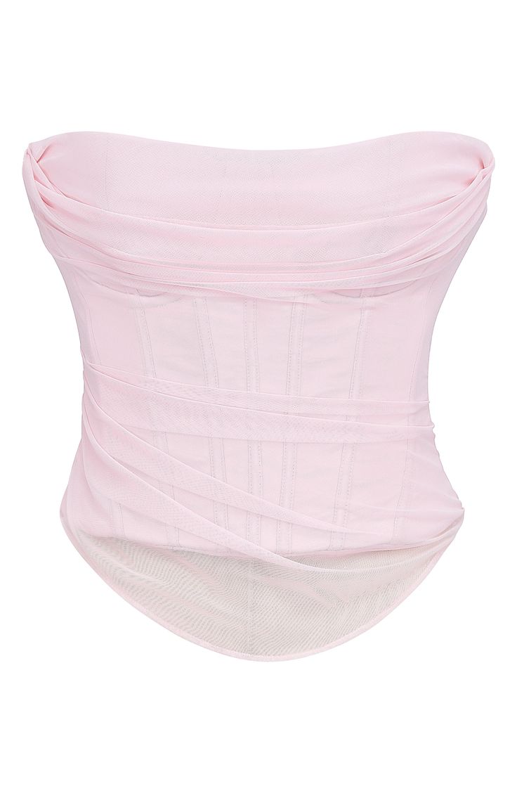 Frothy mesh gentles this satin corset to create a sweet and sultry look. Exclusive retailer Hidden back-zip closure Strapless Lined 94% polyamide, 6% polyurethane with 85% polyamide, 15% elastane contrast Dry clean Imported Draped Corset, Strapless Corset Top, Crop Top Pink, Pink Corset, Bandage Dress Bodycon, Pink Ballerina, Strapless Corset, Corset Crop Top, Designer Drapes