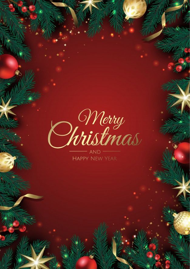 merry christmas and happy new year greeting card with fir tree branches, ornaments and stars