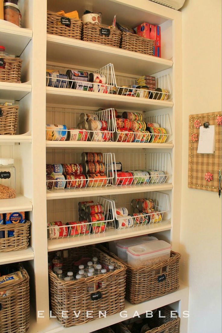 an organized pantry with baskets and food items