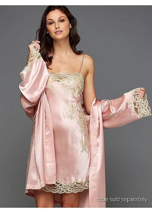 Moonlight Serenade Silk Nightgown | Julianna Rae Feminine Satin Finish Sleepwear For Night, Silk Sleepwear With Satin Finish For Wedding Night, Feminine Silk Sleepwear For Evening, Silk Feminine Sleepwear For Wedding Night, Feminine Silk Sleepwear For Wedding Night, Elegant Pink Nightgown For Evening, Pink Silk Sleepwear For Evening, Elegant Pink Evening Nightgown, Silk Sleepwear With Lace Trim For Wedding Night