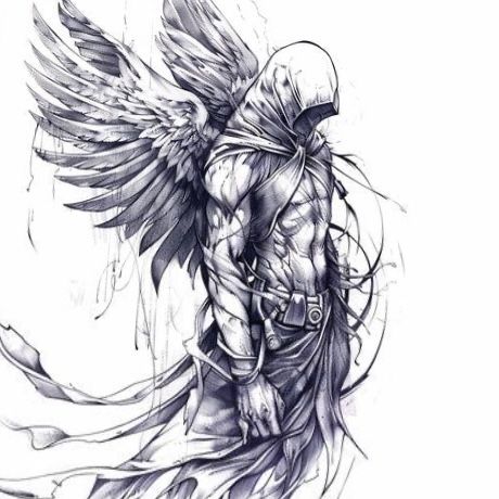 a drawing of an angel with wings on his head and chest, standing in front of the