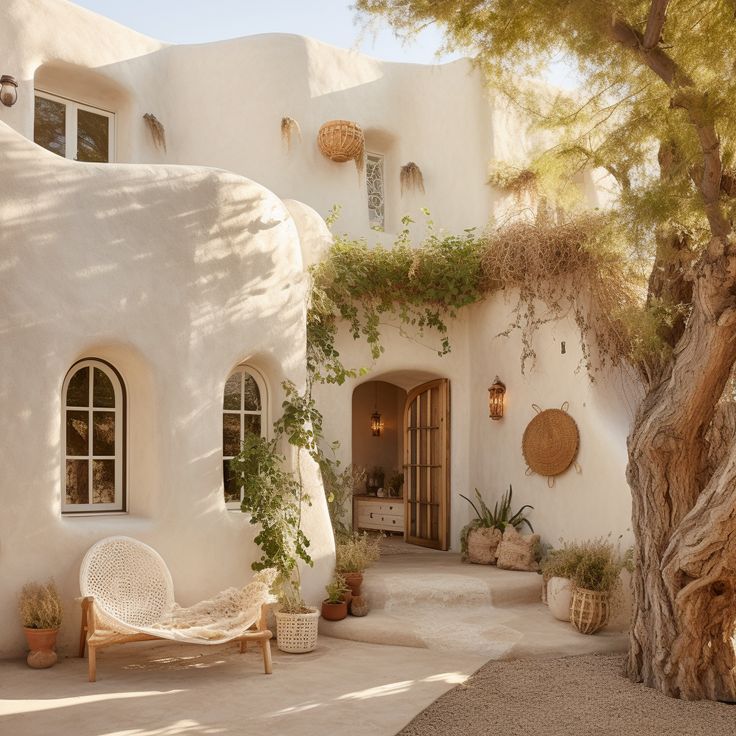 a white stucco house with potted plants on the front porch and large tree outside