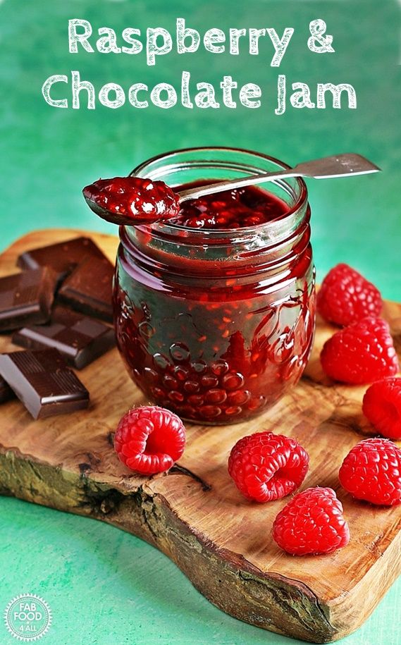 raspberry and chocolate jam on a cutting board