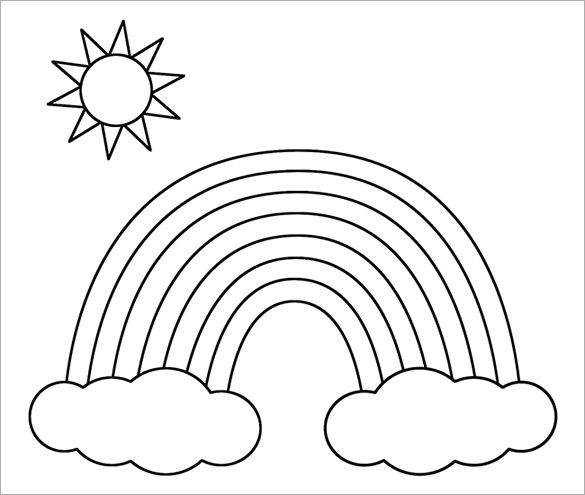 a rainbow with clouds and sun in the sky coloring pages for kids, printable