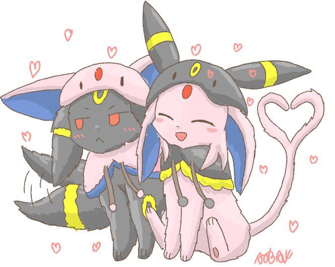 two cute pokemons hugging each other with hearts in the background and one is wearing a hat