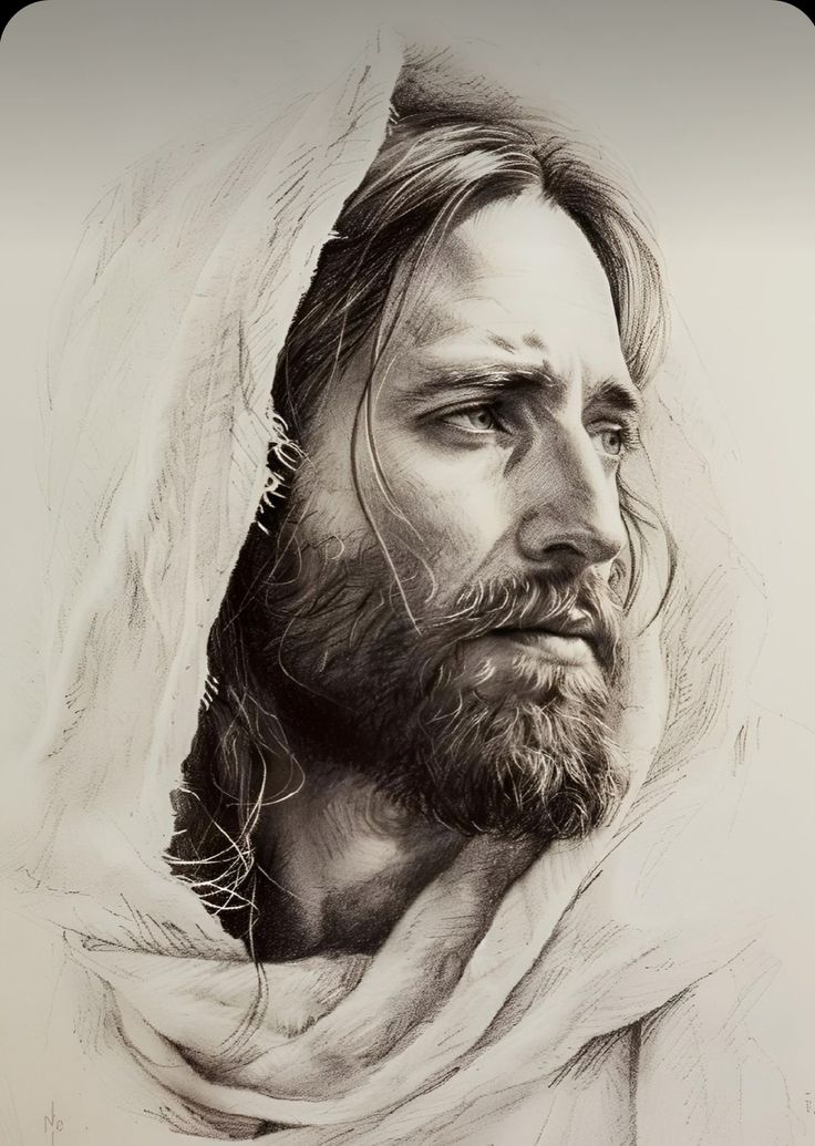 a black and white drawing of jesus with his head wrapped in a blanket, looking to the side