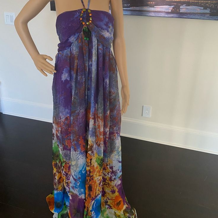 Multi Colored Maxi Summer Dress, Size L, New With Tag Multicolor Sleeveless Maxi Dress For Holiday, Purple Flowy Dress For Beach Season, Purple Floral Print Beach Dress, Purple Floral Print Summer Dress, Purple Floral Print Dress For Beach Season, Flowy Sundress For Holiday, Flowy Holiday Sundress, Multicolor Lined Maxi Dress For The Beach, Purple Sleeveless Dress For Beach Cover-up