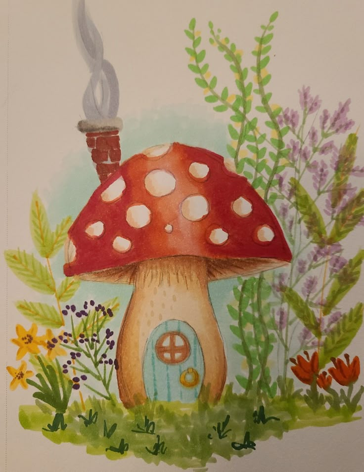 a drawing of a mushroom house in the middle of some flowers and plants with a smokestack on top