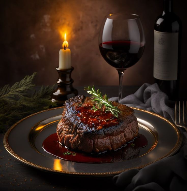 A plate of steak with red wine sauce and vegetables, perfect for a Valentine's Day dinner Red Wine Beef Recipes, Steak And Wine Aesthetic, Wine Dinner Aesthetic, Romantic Steak Dinner, Steak Red Wine Sauce, Steak With Red Wine Sauce, Wine Sauce For Steak, Steak And Wine, Steak With Red Wine