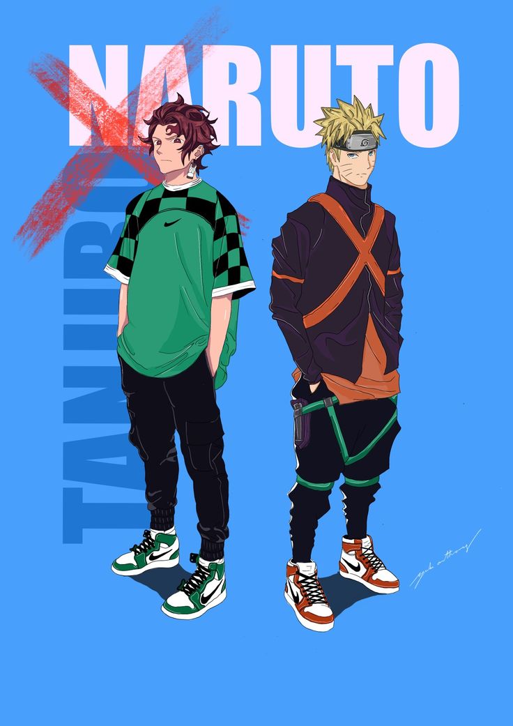 two young men standing next to each other in front of a blue background with the words naruto on it