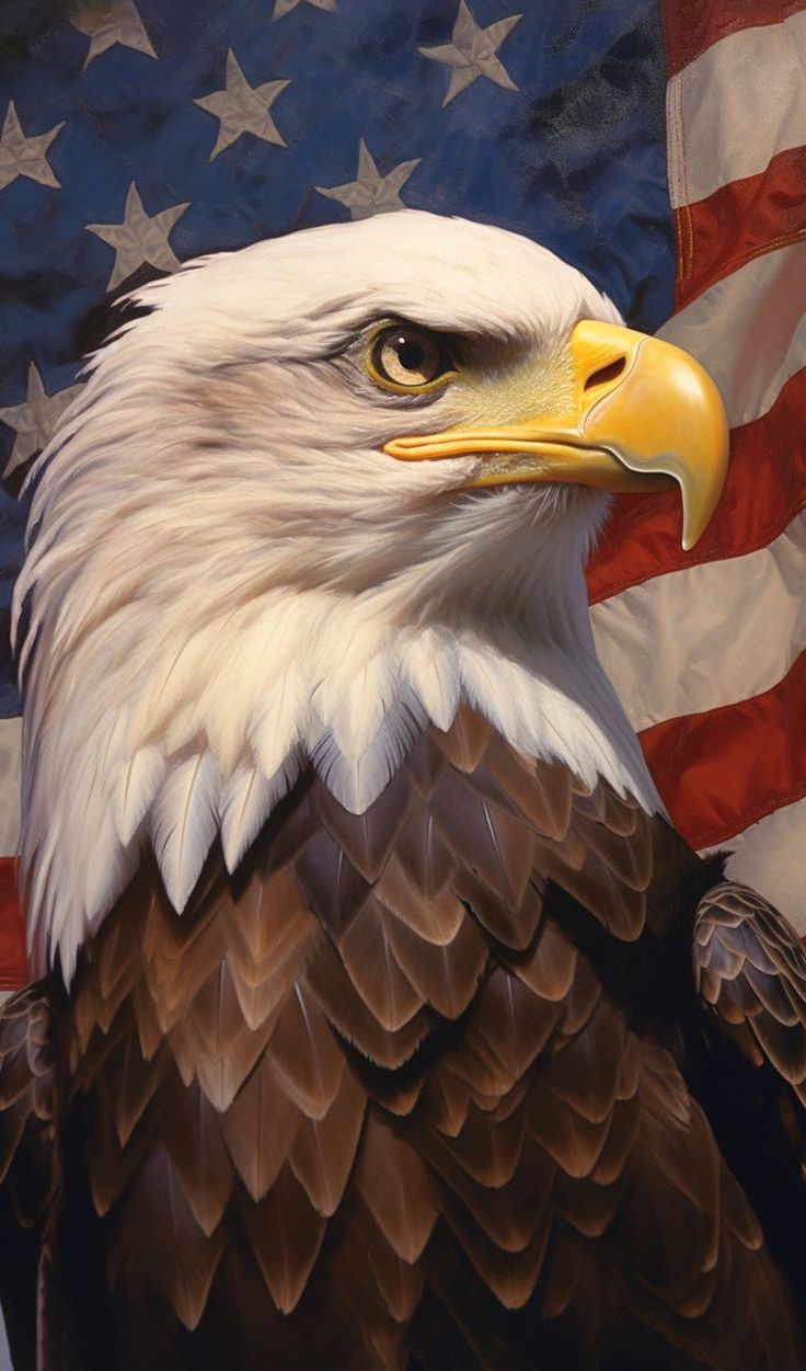 an eagle is standing in front of the american flag with its head turned to the side