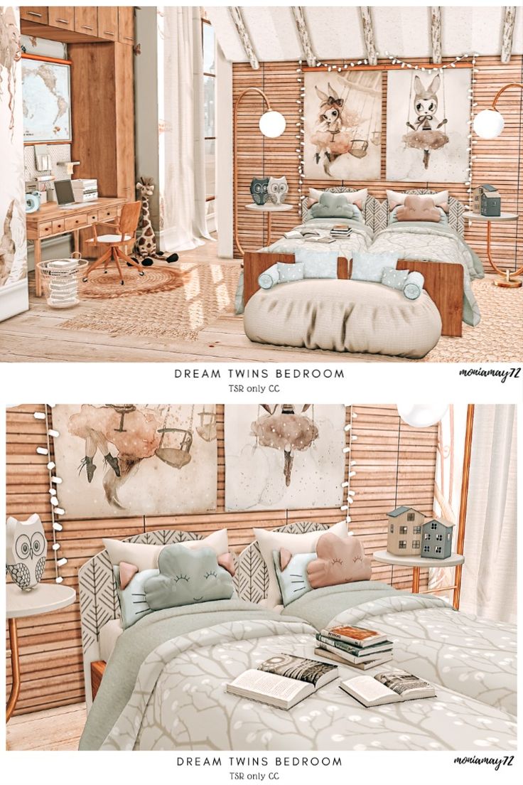 two pictures of a bedroom with wood paneled walls and bedding in different colors