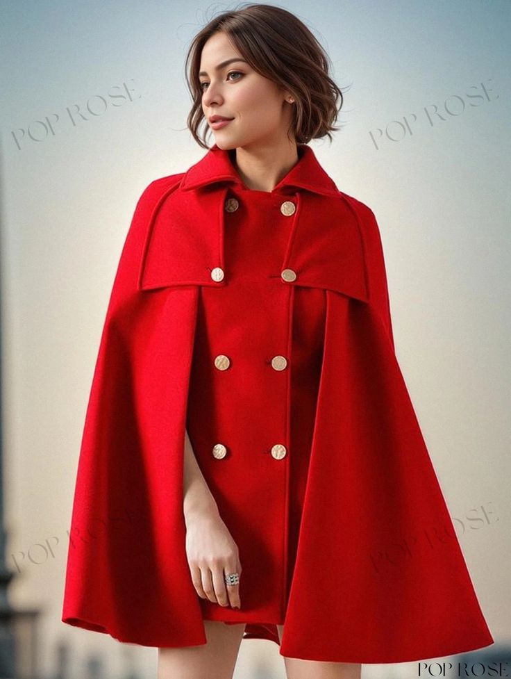 Poprose - 2024 New Arrival Women's Winter Cape Coat Red Cape For Fall Outerwear, Red Cape Outerwear For Fall, Winter Cape Coat, Poncho Coat Cape, Winter Cape, Cape Style, Winter Trench Coat, Bodysuit Blouse, Cape Coat