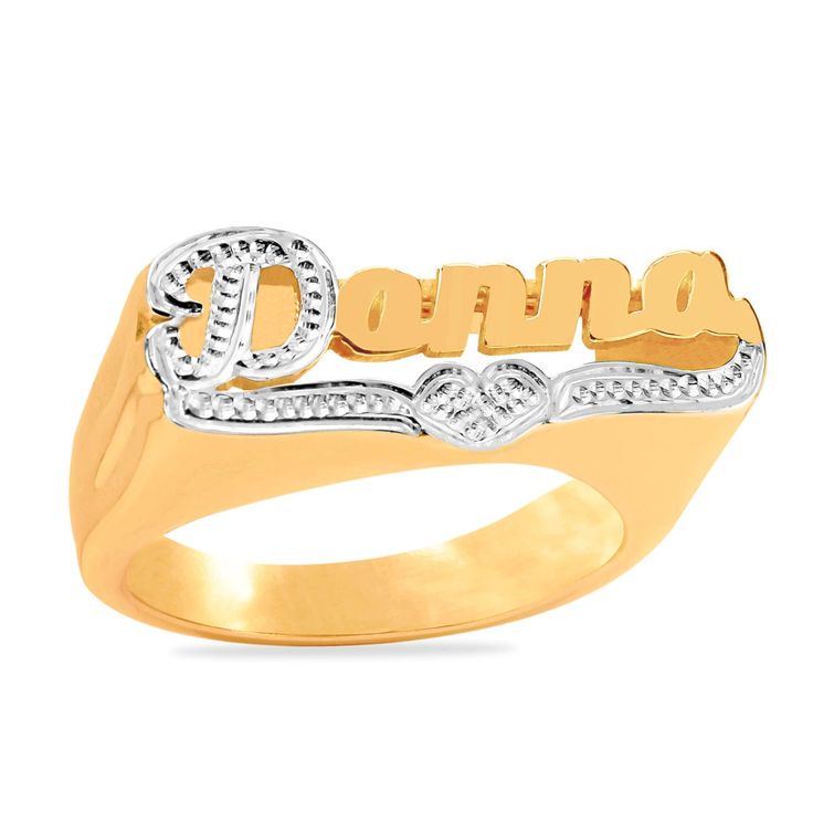 This personalized Name Ring is available in either 925 Sterling Silver or 14K Gold over Sterling Silver. You can choose up to 8 letters. It measures 0.39" X 0.07". Own yours today. Personalized Gold Diamond Ring In Luxury Style, Personalized Yellow Gold Diamond Ring In Sterling Silver, Customizable Gold Initial Ring, White Gold Custom Name Ring, Customizable Yellow Gold Promise Ring, Custom Name White Gold Round Ring, Custom Name White Gold Ring, Gold Sterling Silver Ring With Hallmarks, Silver Nameplate Rings For Anniversary