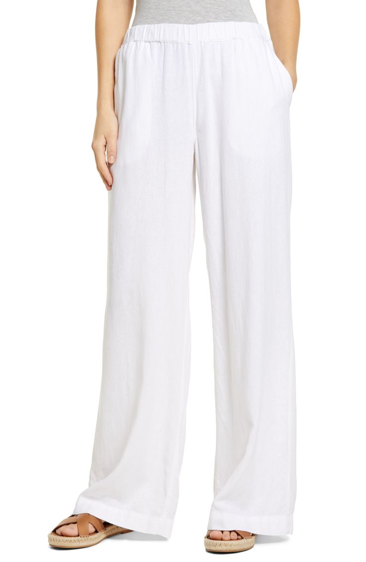 Cut from a breezy linen blend with a high waist and wide legs, these pull-on pants are a cool remake of a closet classic. Style Name:Caslon Wide Leg Pull-On Pants (Regular & Petite). Style Number: 6171711. Chic Summer Pull-on Style Pants, Versatile Rayon Wide Leg Pants For Spring, Summer Wide Leg Full-length Pants For Day Out, Summer Wide Leg Full Length Pants For Day Out, Full Length Wide Leg Pants For Summer Day Out, White Rayon Bottoms For Vacation, Summer Full Length Wide Leg Pants For Day Out, Spring Wide Leg Pull-on Pants, Spring Rayon Wide Leg Pants With Relaxed Fit