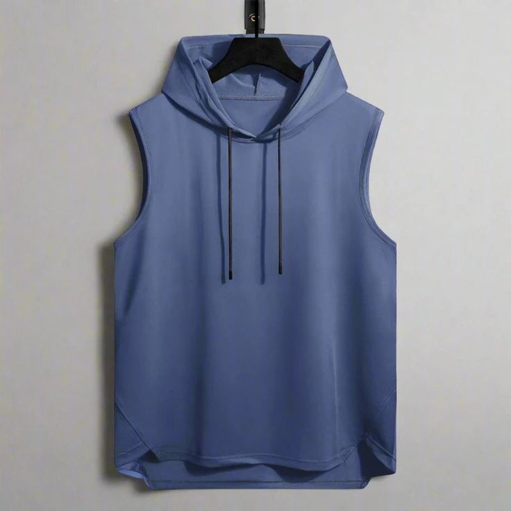 Level Up Your Workout Gear: Quick-Dry Sleeveless Hoodie Take your workouts to the next level with this functional and stylish sleeveless hoodie. Featuring a quick-dry polyester blend, it keeps you cool and dry during even the most intense activities. Performance-Ready: The quick-dry fabric wicks away moisture and dries fast, keeping you comfortable during exercise. Unrestricted Movement: The sleeveless design allows for full range of motion, perfect for any workout. Hooded Style: The attached ho Functional Sleeveless Blue Activewear, Breathable Sleeveless Top For Streetwear, Functional Gym Tops With Drawstring Hood, Breathable Sleeveless Streetwear Top, Functional Gym Top With Drawstring Hood, Functional Sleeveless Running Vest, Sporty Sleeveless Activewear For Streetwear, Athleisure Tops With Drawstring Hood For Gym, Moisture-wicking Sleeveless Vest For Streetwear