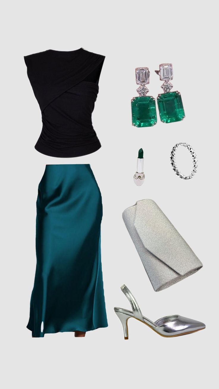 This image showcases a stylish and sophisticated outfit perfect for a special occasion. The outfit consists of a black sleeveless top with a twisted detail at the front, a vibrant emerald green satin skirt, and a pair of silver slingback heels. The accessories complement the outfit perfectly, with a pair of emerald and diamond earrings, a silver bracelet, a silver clutch, and a silver lipstick holder. Theater Outfit Ideas Classy, Emerald Green Outfit Ideas, Birthday Dinner Outfit Classy, Emerald Green Outfit, Green Satin Skirt, Dinner Outfit Classy, Heels Accessories, Silver Lipstick, Birthday Dinner Outfit