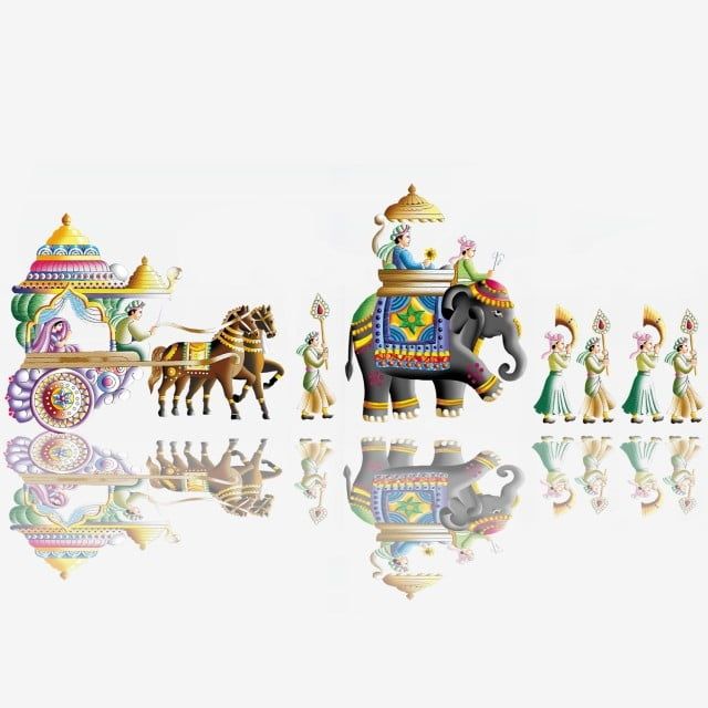 an elephant, horse and carriage are depicted in this artistic photo with reflections on the floor