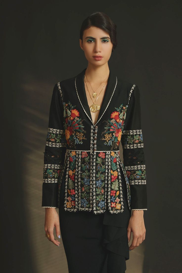 Black jacket with multi-color floral motif bead-thread work and panelled flare.
Component: 1
Embroidered
Neckline: Shawl
Sleeve Length: Full
Fabric: Chanderi
Color: Black
Cutwork detail
Closure: Loop buttons
Note: Skirt worn by the model is not for sale - Aza Fashions Panel Jacket, Jackets Black, Beadwork Embroidery, Office Wear Women, Western Jacket, Women Jackets, Embroidered Neckline, Black Thread, Jacket For Women