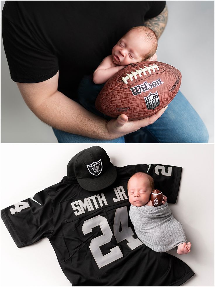 a man holding a baby in his arms next to an image of a football jersey