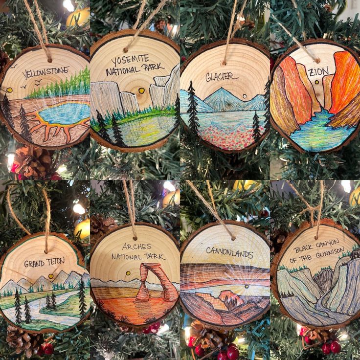 a christmas tree decorated with hand painted wooden ornaments and sayings on the trees branches