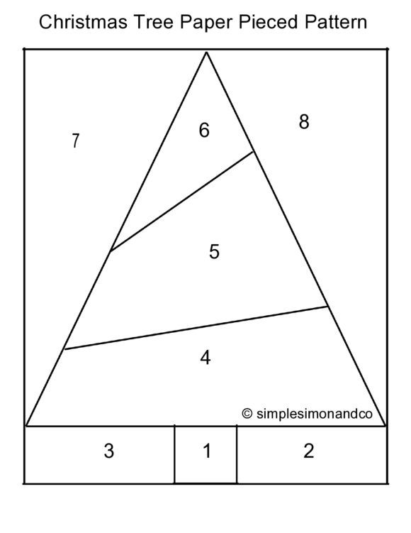 the christmas tree paper pieced pattern is shown in black and white, with numbers below it