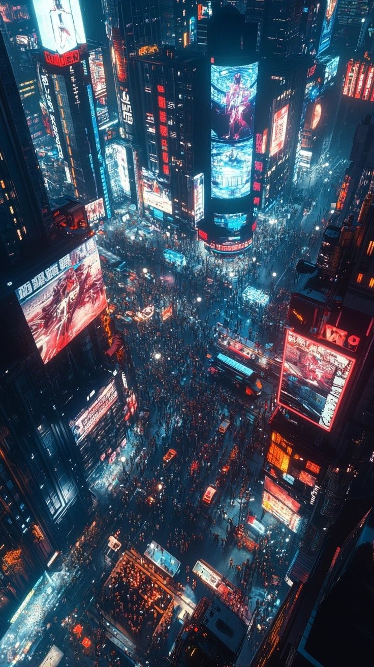 an aerial view of the city at night