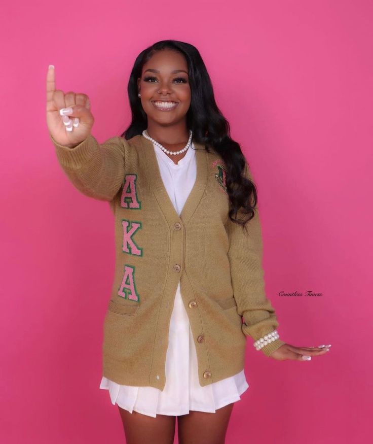 Aka Cardigan Sweater Outfit, Alpha Kappa Alpha Cardigan, Aka Sweater, Sweater Cardigan Outfit, College Motivation, Aka Sorority, Cardigan Outfit, Alpha Kappa Alpha Sorority, Varsity Style