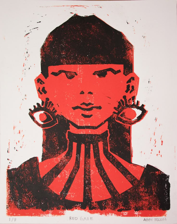 a red and black drawing of a woman's face with earrings on her ears