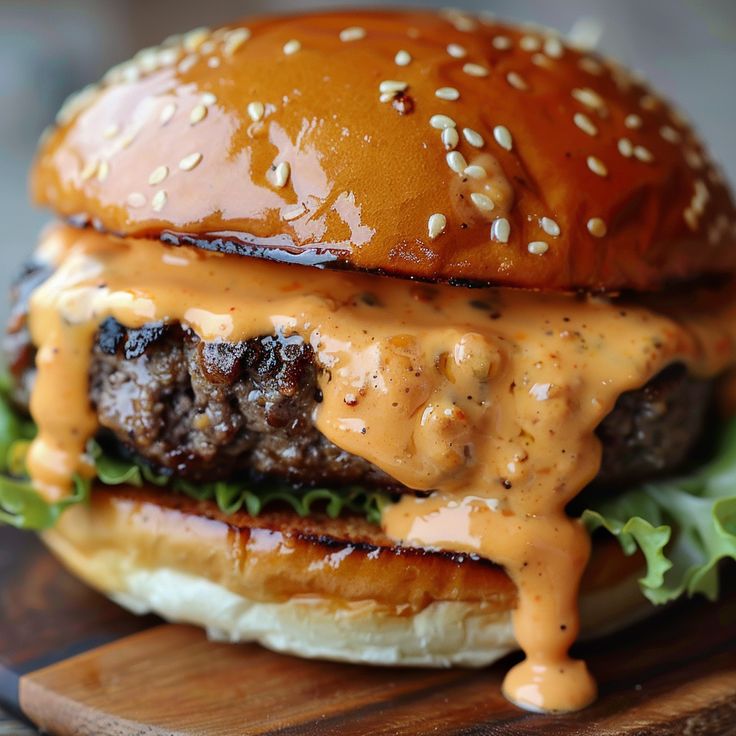 a cheeseburger with lettuce and sauce on it sitting on a cutting board