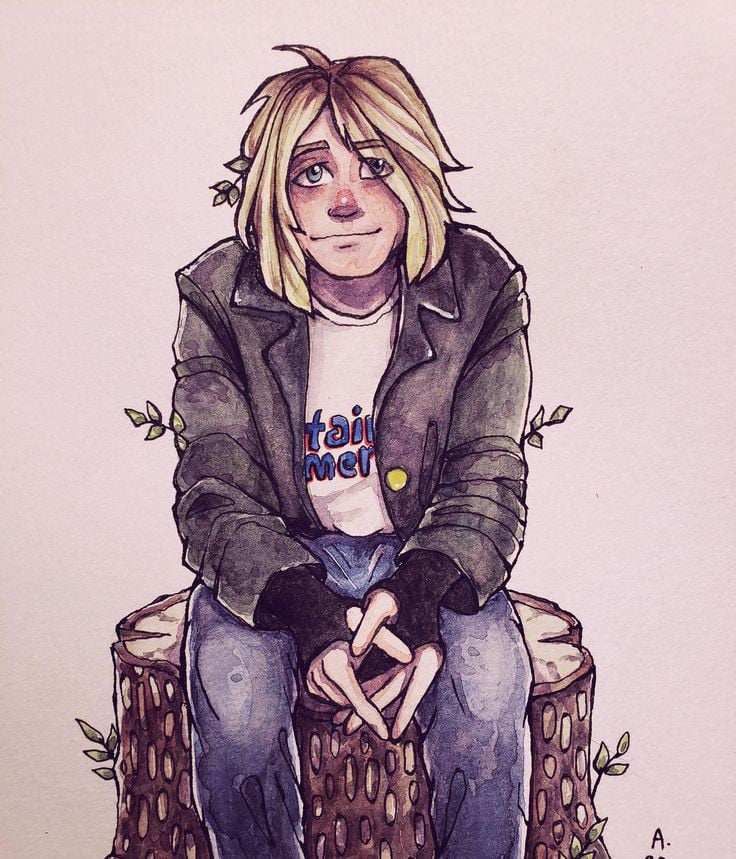 a drawing of a woman sitting on top of a tree stump with her hands in her pockets