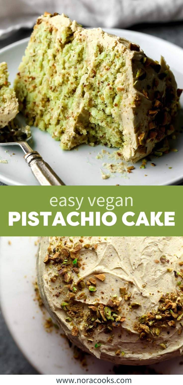 a cake that has been cut into pieces and is sitting on a plate with the words easy vegan pistachio cake