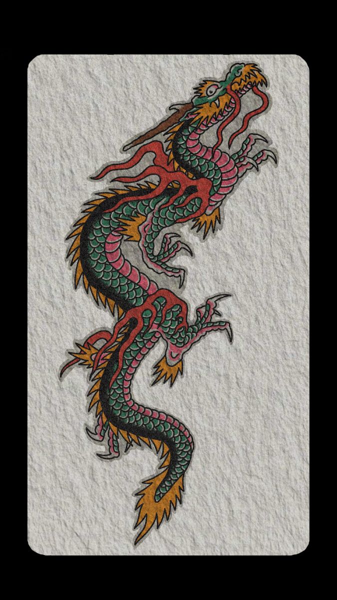 a colorful dragon is on the side of a piece of white paper with red and green colors