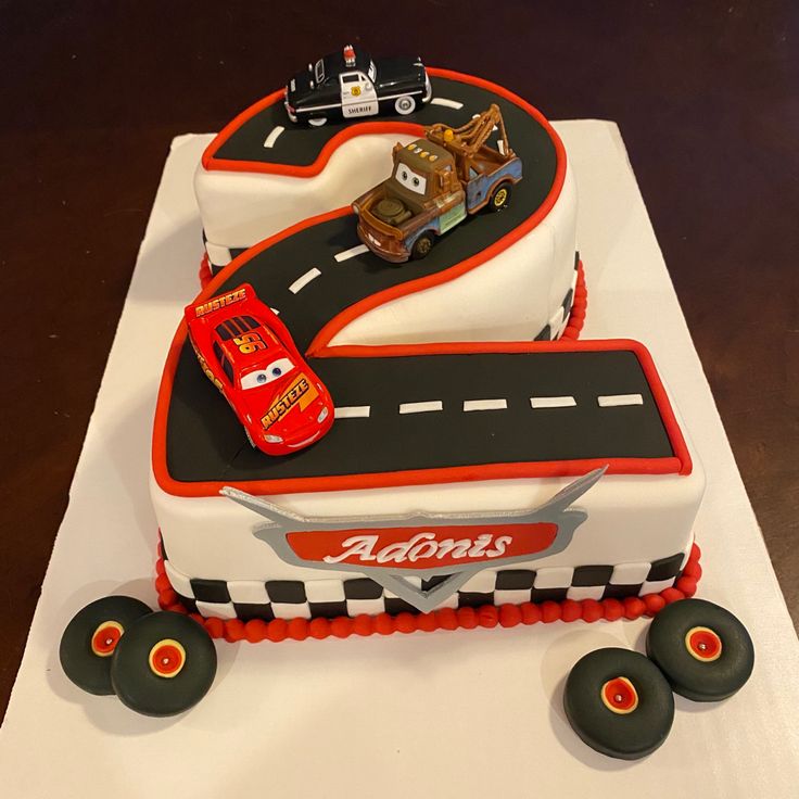 Number 2 Cars Theme Cake, Cars Cake 2nd Birthday, Car 2nd Birthday Party Cake, Cars 3 Cake Ideas, Cars Second Birthday Cake, Lightning Mcqueen And Mater Cake, Disney Cars 2nd Birthday Cake, Disney Cars Birthday Cake Buttercream, Cars 2nd Birthday Party Cake