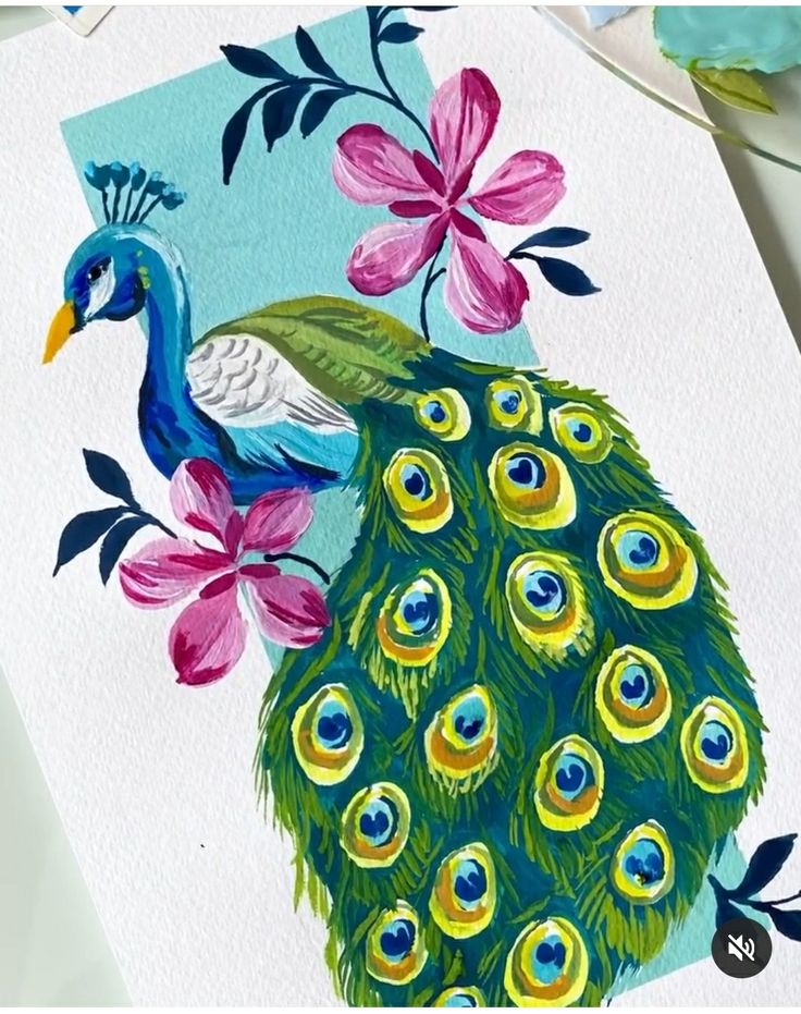 a painting of a peacock with flowers on it