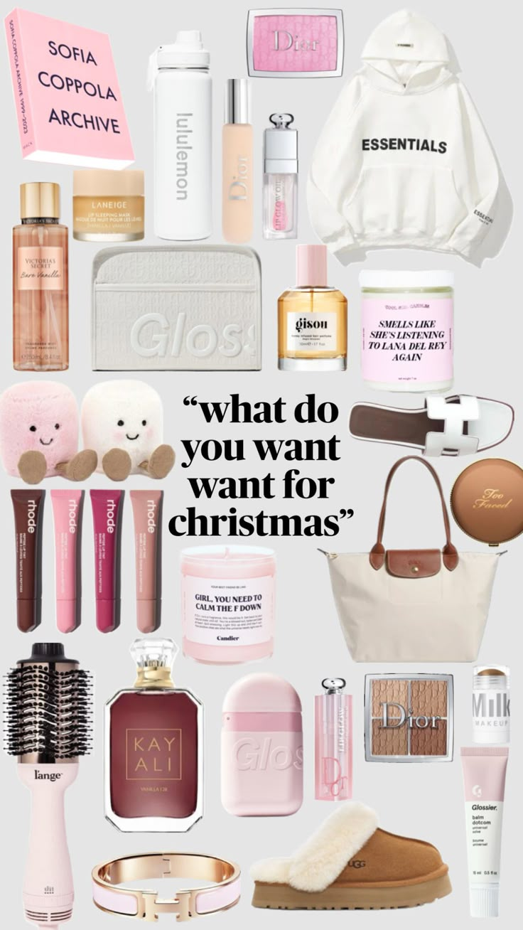 the contents of a woman's christmas gift bag with text that reads, what do you want for christmas?