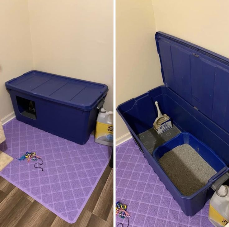 two pictures of the same room with different items in it and one has a litter box on the floor