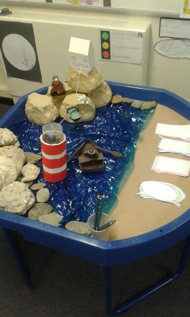 a blue table with rocks and water in it