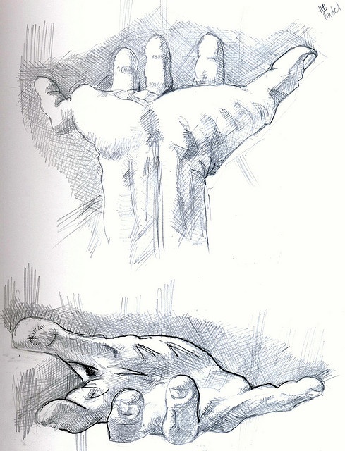 two drawings of hands reaching for each other