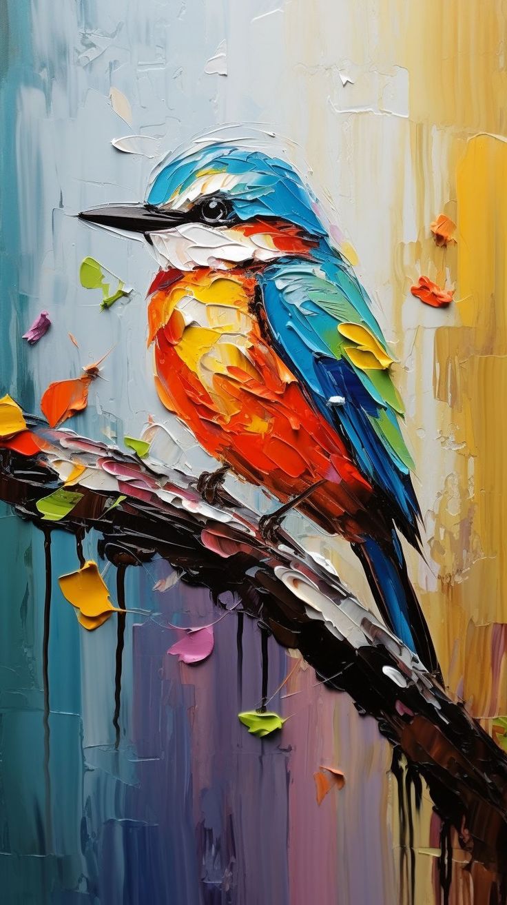 a painting of a colorful bird sitting on a branch