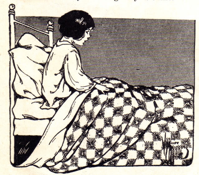 an illustration of a woman sitting on a bed