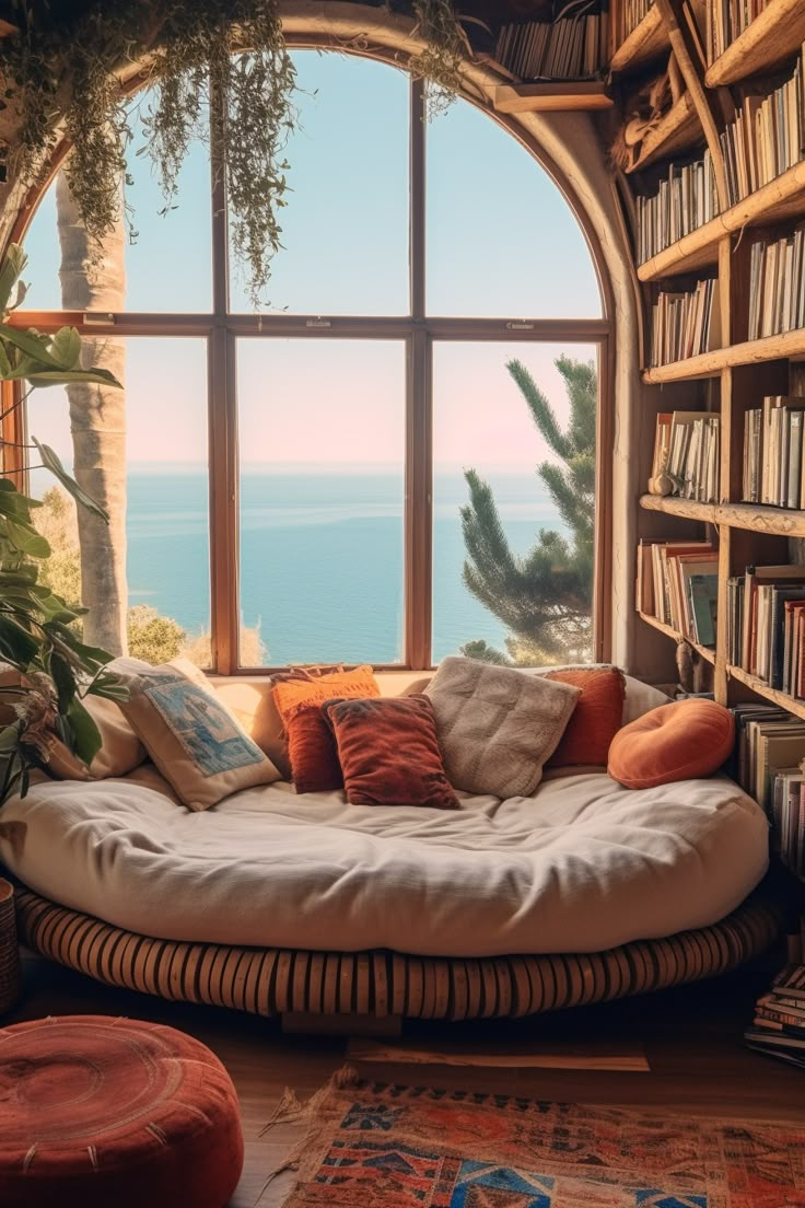 a living room filled with lots of furniture and bookshelves next to a large window