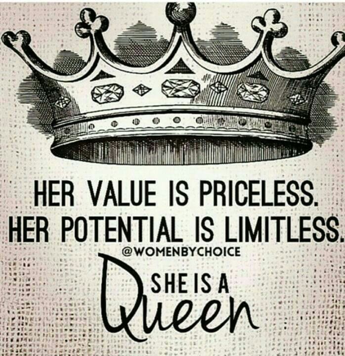 a black and white poster with a crown on it's head, says her value is priceless her potential is limitless