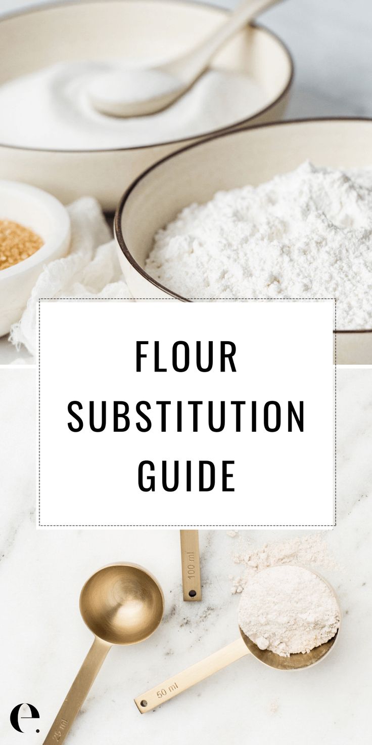 flour and measuring spoons with the words flour substition guide in front of it