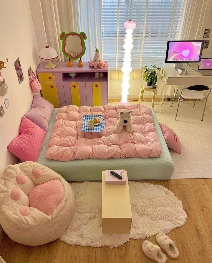 a bedroom with pink and green furniture in the corner, white rugs on the floor