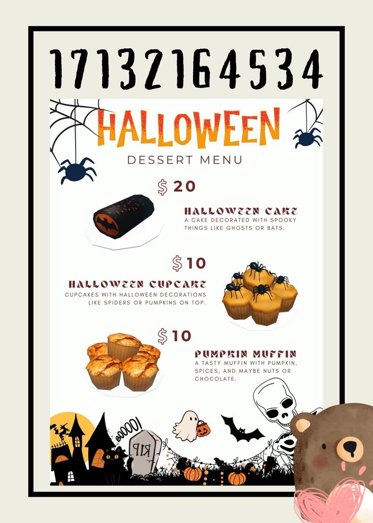 a menu for halloween desserts with an image of a teddy bear