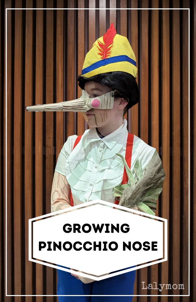 a person wearing a hat with long sticks sticking out of it's mouth and the words growing pinocchio nose