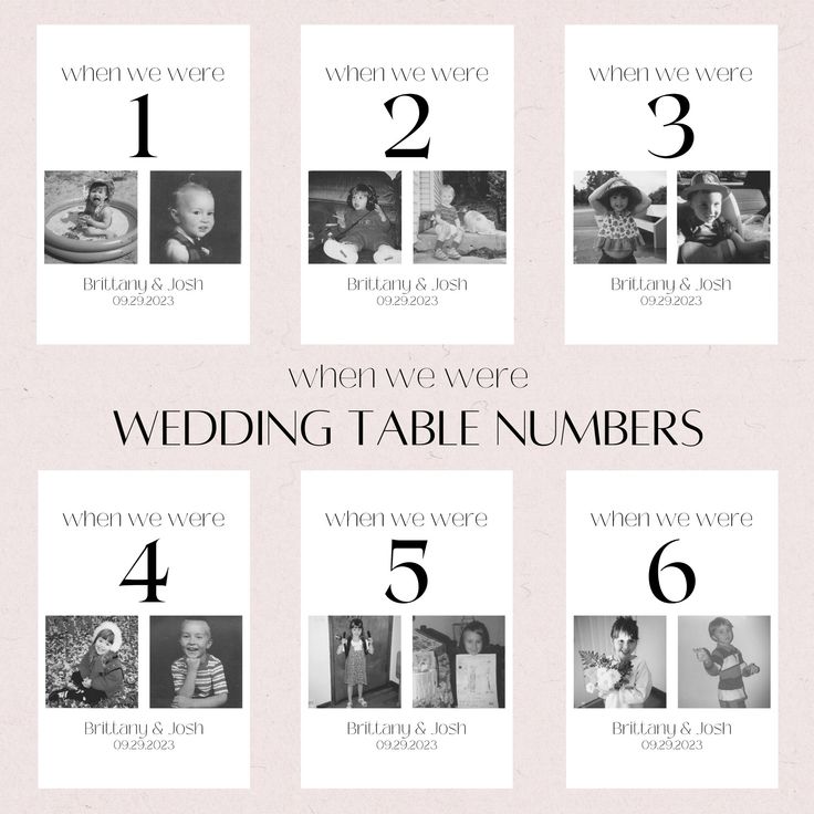 the wedding table numbers are displayed in black and white, with different pictures on them