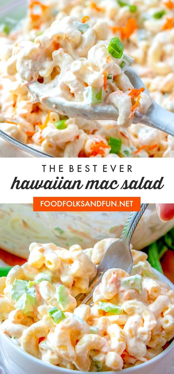 the best ever hawaiian mac salad is in a white bowl